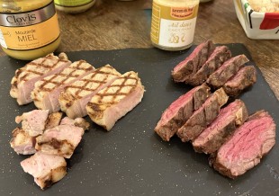 ポークソテーとはちみつバルサミコマスタード　－　牛肉ステーキと新にんにくペーストペースト